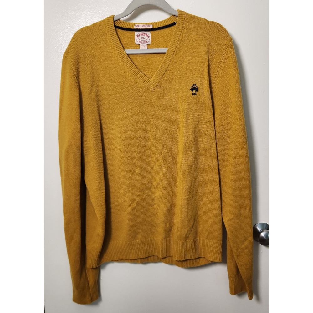 Vintage Brooks Brothers Mens V-Neck XL Embroidered 100% Lambswool Sweater Yellow